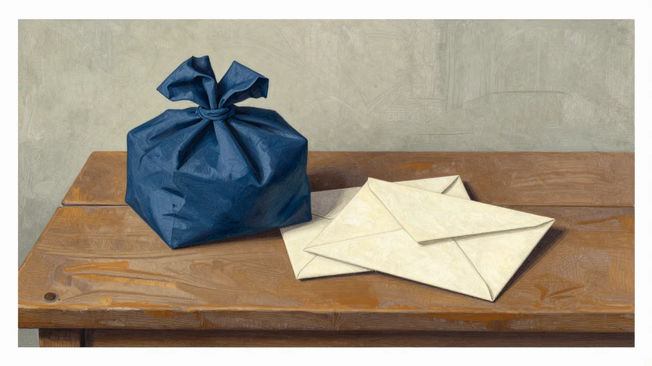 木の机に置かれた藍色の布包みと白い封書