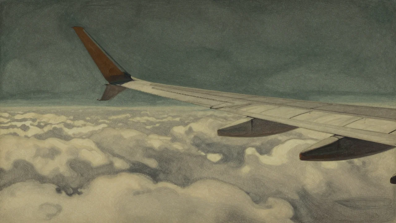 雲の上に広がる空と飛行機の翼を描いたイメージ