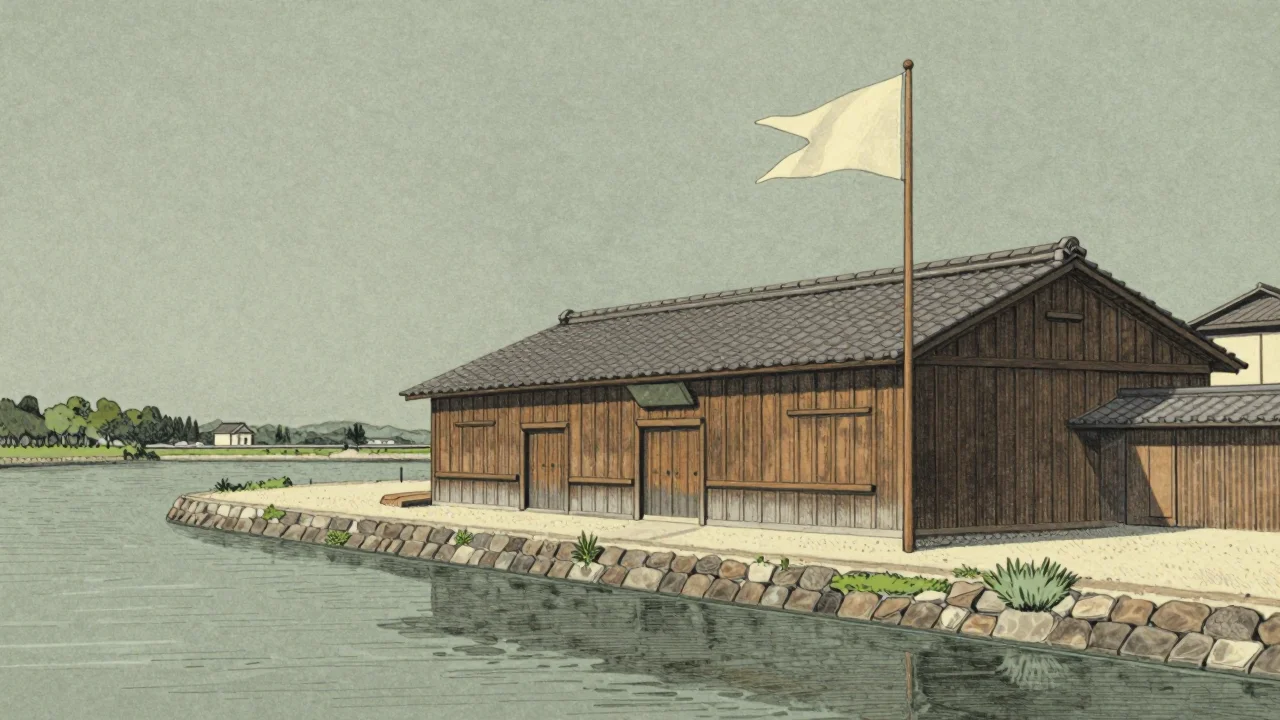川沿いの木造蔵と、その前に立つ無地の旗