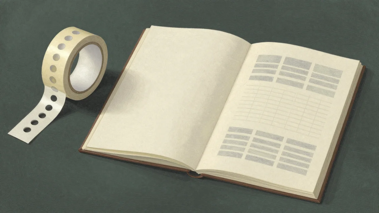 穴の並ぶ紙テープと、矩形で紙面を表した開いた冊子